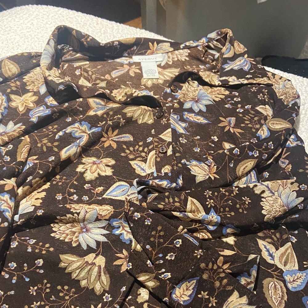 Avenue Brown Floral Sheer Top with Blue Accents
